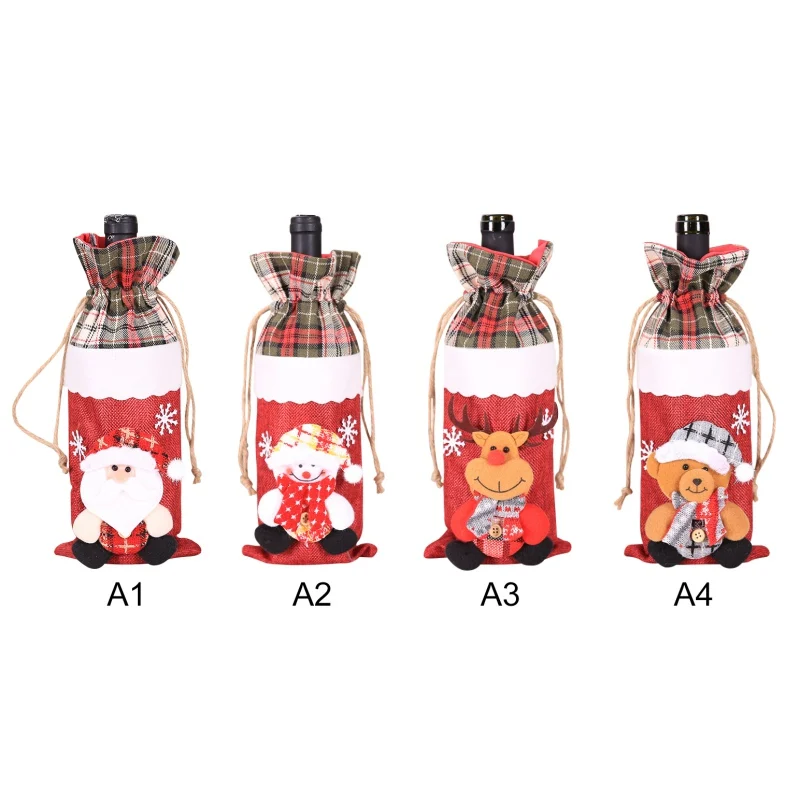 

High Quality Soft Christmas Drawstring Christmas Wine Bottle Cover Bags Decoration Santa Claus/Snowman