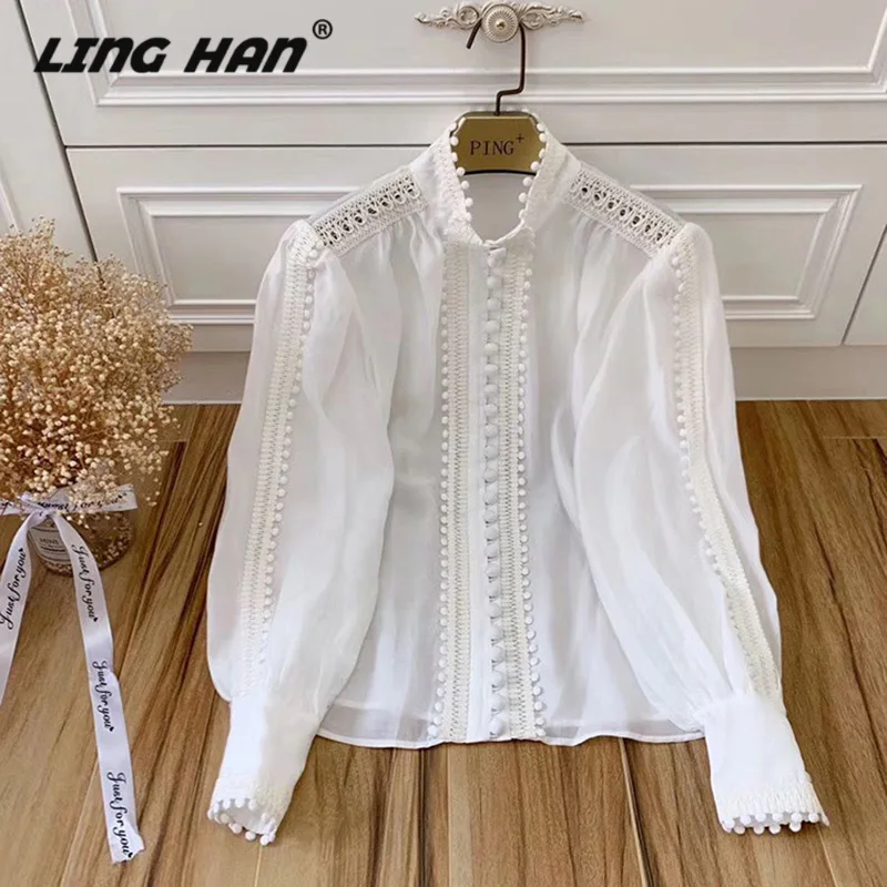 Белый LINGHAN, Высококачественная шелковая хлопковая рубашка, женская модная однобортная блуза с рукавом-фонариком, дизайнерская новинка - Цвет: Белый