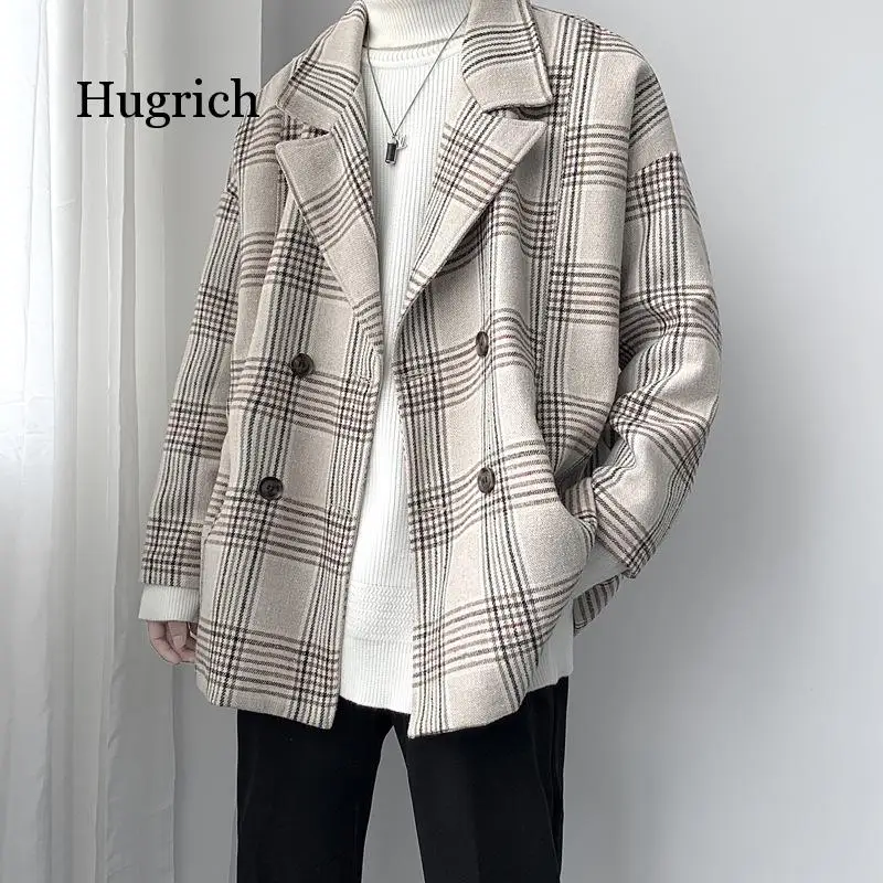 Plaid Windbreaker Men's Korean Loose Tweed Men's Autumn and Winter Woolen Coat