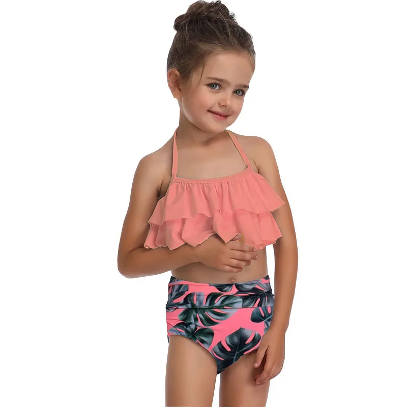 Girl Two Pieces Suit Swimsuit 2-14 Year Children Halter Bandage Swimming Kid Cute High Waist Swimwear Baby Bathing | Спорт и