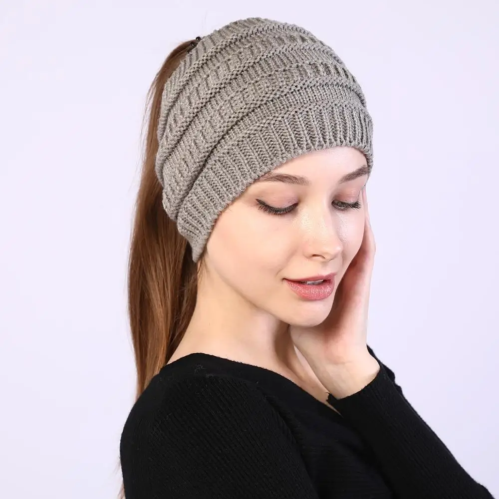 autumn winter Ponytail Beanie hat Women 