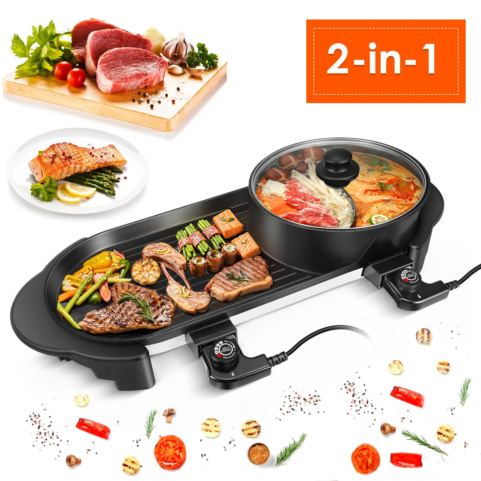 2 in 1 Electric Grill Indoor Hot Pot Barbecue Multifunctional