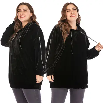 

Plus Size Autumn Women Velvet Tops Long Sleeve Casual Sweatshirts Hooded Pullover Jacket Black Sports Loose Clothing Fashion