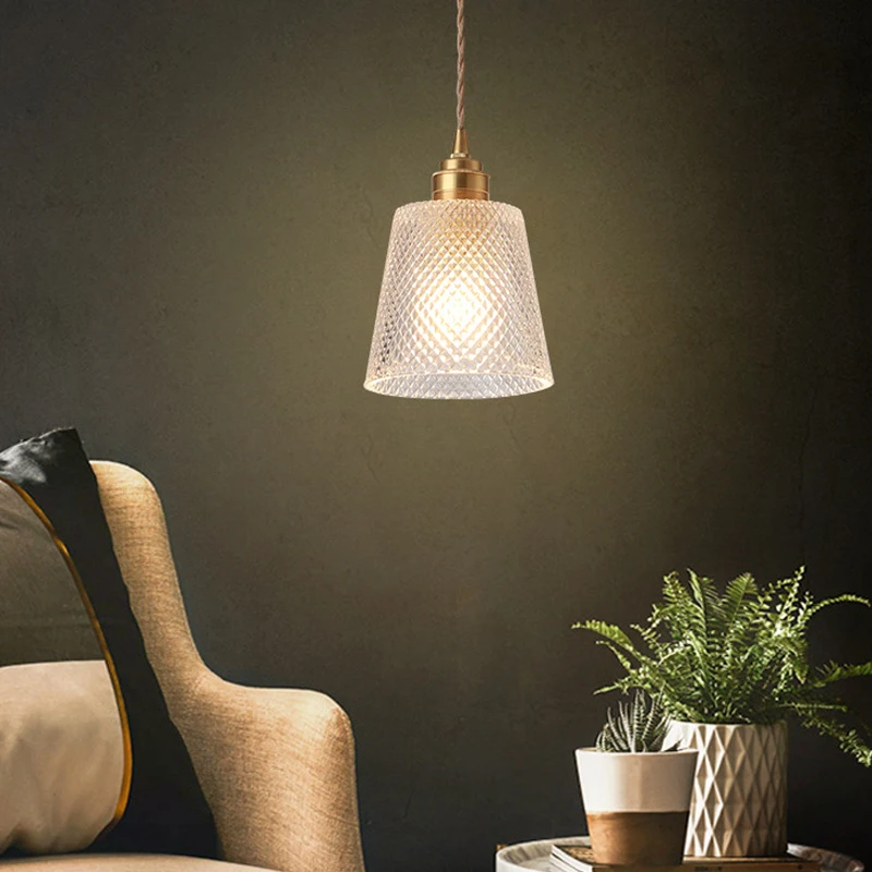 

Modern Glass Copper Led Small Pendant Light for Dining Room Bedroom Bedside Decoration Nordic Golden Single Heads Hanging Lamp