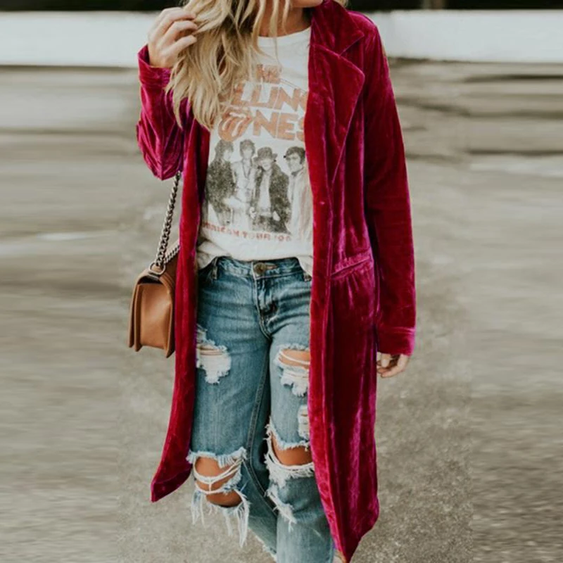 Winter Single Button Long Cardigan Jacket Tops Women Autumn Pocket Velvet Trench Coat Retro Long Sleeve Turn-down Collar Outwear