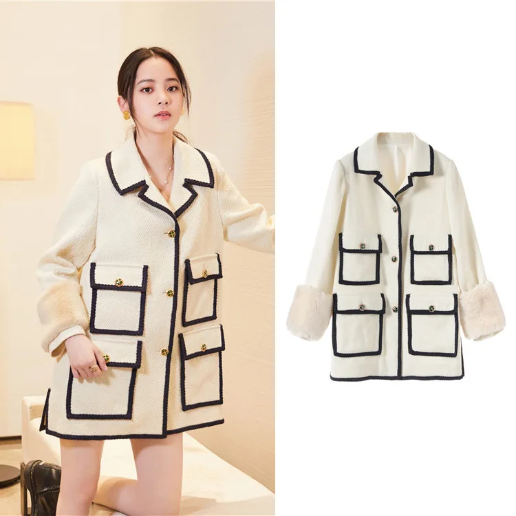 

New single breasted cloth coat apricot maomao sleeves double row female G05101 coat pocket