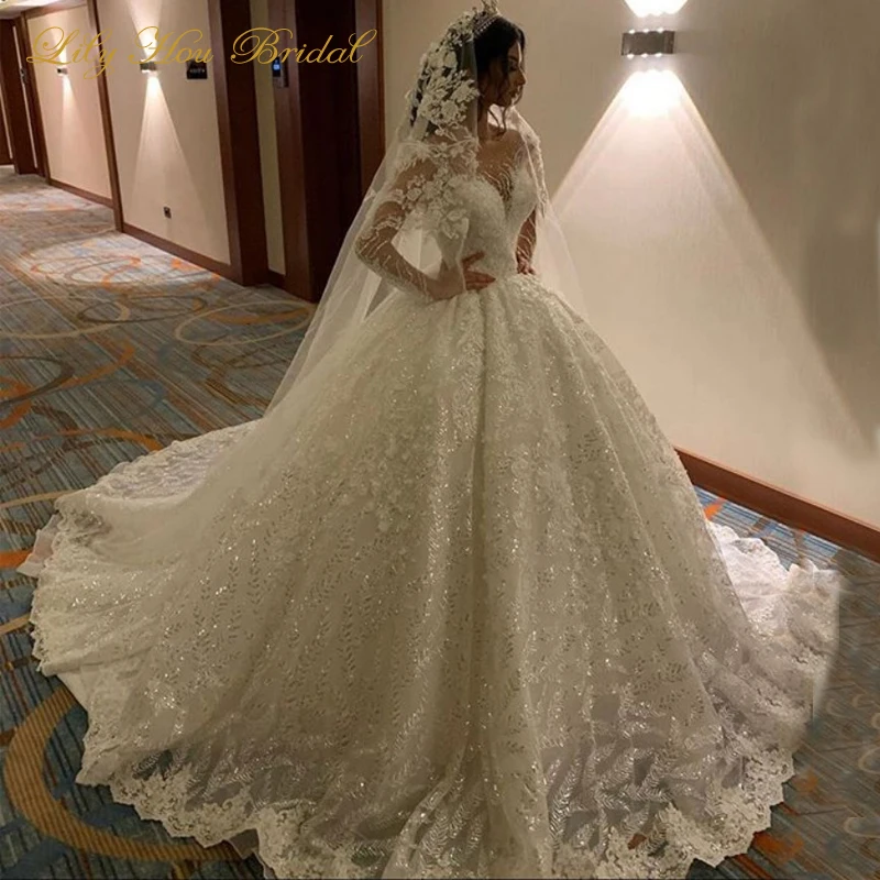 Custom Sparkle Wedding Dress Sheer Neck Illusion Long Sleeves Glitter Sequins Appliques Ball Gown Bridal Wear Wedding Dresses Aliexpress