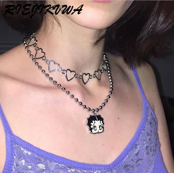 

Korean Japan Ins Heart Collares Chollers Harajuku Punk Stainless Steel Cool Girl Beads Metal Chian Necklace for Women Girls