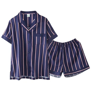 

Femme Short Sleeve Pyjama Loungewear Homewear Pijamas Mujer Fashion Striped Home Clothing Young Girls Woven Cotton Pajamas Sets