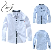 Лидер продаж, низкая цена, повседневные рубашки для мальчиков хлопковая блузка для мальчиков однотонные Camisa Infantil с карманами для От 3 до 14 лет, белые студенческие Рубашки, Топы