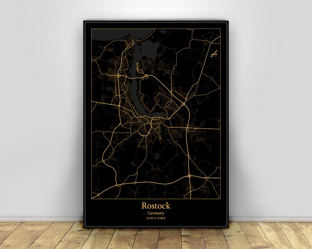 Rostock-Germany-Black-Gold-City-Light-Maps-Custom-World-City-Map