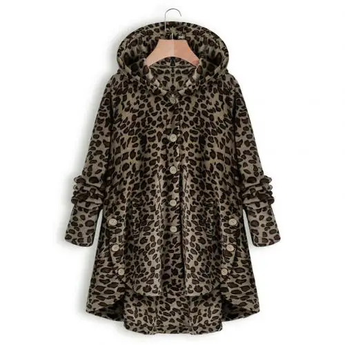 Dark Leopard Элегантная куртка с леопардовым принтом, зимнее женское пальто, необычное плюшевое теплое пальто с капюшоном, Женское пальто размера плюс, уличная верхняя одежда - Цвет: Dark Leopard