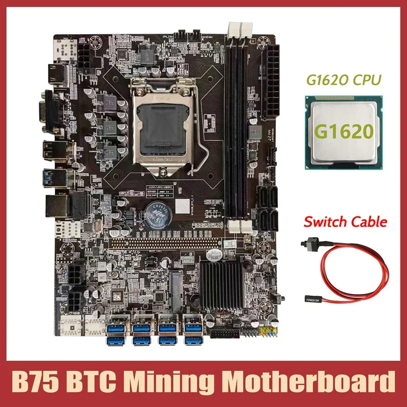 Материнская плата B75 для майнинга BTC + процессор G1620 кабель переключения LGA1155 8xpcie USB