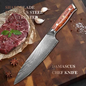 

Damascus 8'' Chef Knife Japanese VG10 Core Steel Blade Kitchen Knives Red Chaff Resin Handle Sharp Meat Vegetable Cutter Tools
