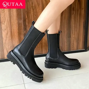 

QUTAA 2021 Square High Heel Ankle Boots Cow Leather All Match Women Shoes Casual Round Toe Autumn Winter Ladies Pumps Size 34-39