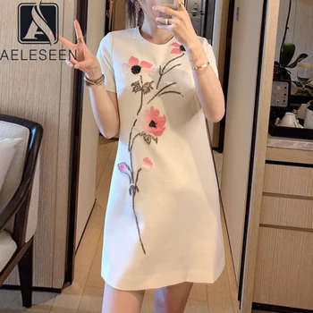 

AELESEEN Sweety Women Summer Dress 2020 Runway Fashion Designer Black Luxury Beading Flower Embroidery Party Holiday Mini Dress