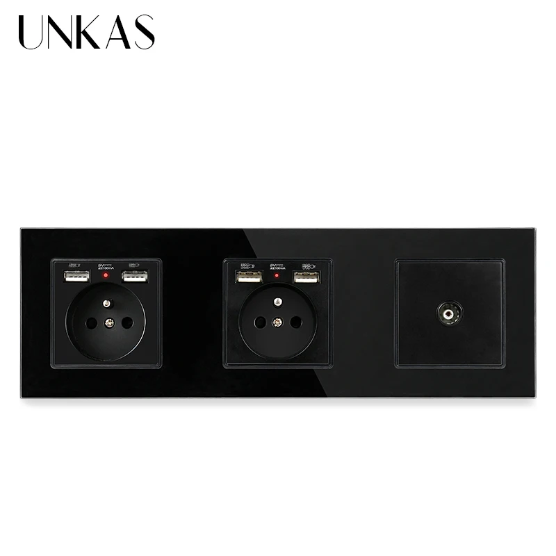 Двойная французская стандартная розетка со стеклянной панелью UNKAS с 4 USB портами