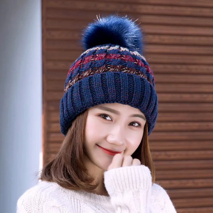navy blue Новая корейская модная осенняя и зимняя шапка женский шерстяной головной убор плюс бархатная уличная меховая теплая вязаная шляпа - Цвет: navy blue