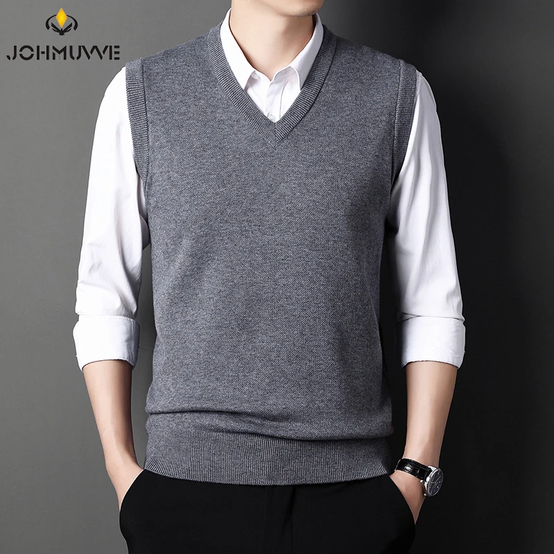 JOHMUVVE Men V-neck Vest Trend Retro Solid Color All-match Casual Business Work Woolen Knit Autumn men sweater vests mens knitted vest