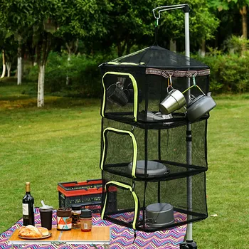 

Camping Dry Net 4 Layer Folding Hanging Mesh Dish Dryer Rack Shelf Food Storage Net Basket for BBQ Tableware