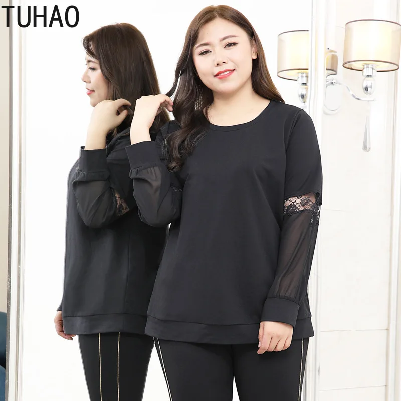 

TUHAO Spring Autumn Oversized 10XL 8XL 6XL Women's Black Office Lady Blouse Shirt Lace Sleeve Patchwork Female Shirts Top WM16