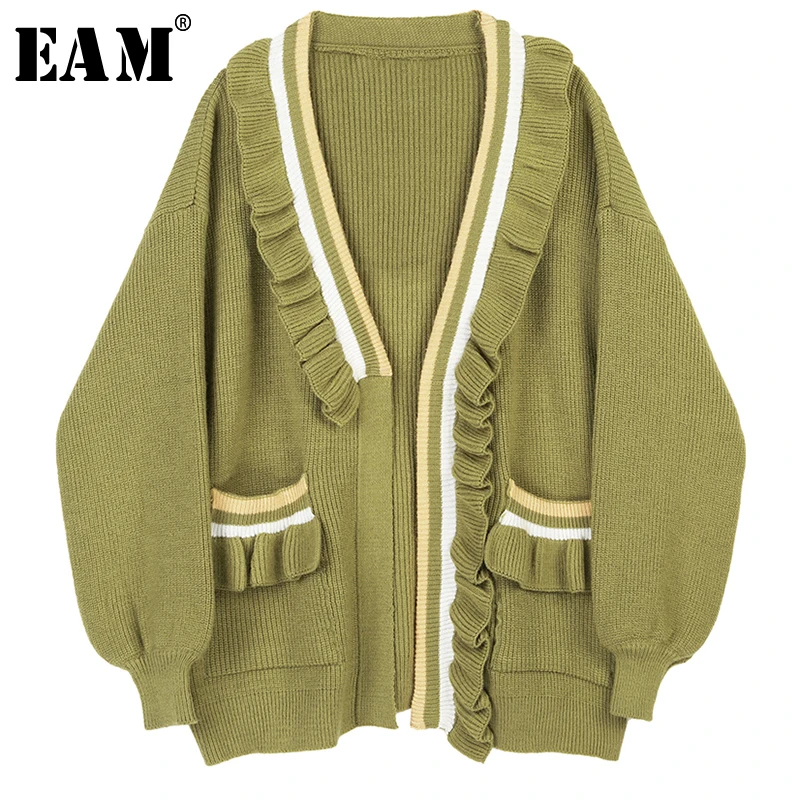 

[EAM]contrast Color Pleated Striped Knitting Open Stitch Loose Fit V-Neck Long Sleeve Women New Fashion Autumn Winter 2019 1A614