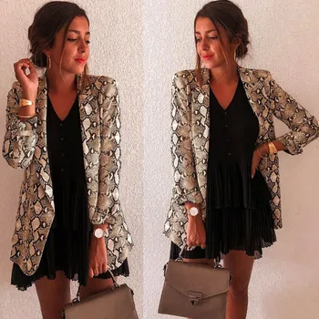 

Snake Print Suit Coat Biker Jacket Women Autumn Winter Long Sleeve Outwear Tops M0823
