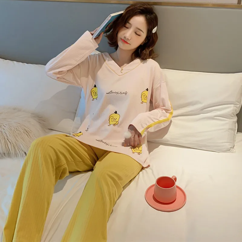 

Pajamas Women's Spring And Autumn Korean-style Students Pure Cotton Long Sleeve Cute Small Yellow Duck Two-Piece Set Outer Wear