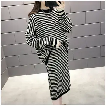 

Women 2019 Autumn Knitted Two Piece Set Striped Pullover Sweater + Pencil Skirt Set Female Runway Tricot Skirt Suit Conjunto Z33