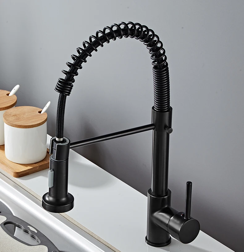 H0b507937b61a417780b2baab4eb2e15c7 Deck Mounted Flexible Kitchen Faucets Pull Out Mixer Tap Black Hot Cold Kitchen Faucet Spring Style with Spray Mixers Taps E9009