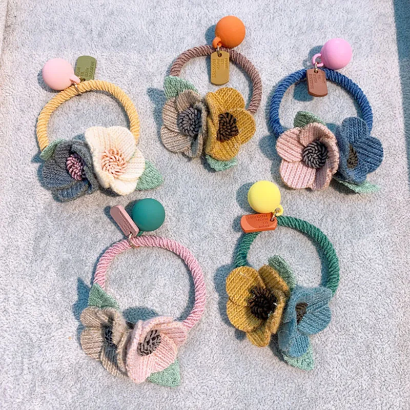 

Women Girls Headwear Sweet Two Flowers Hair Rope Knitting Wool Elastic Hairbands Simple Handmade Ponytail Hairtie Fit All Season