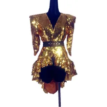 Блестящие серебристые золотые блестки Боди пальто певица DJ DS танцевальный костюм для сцены танцор представление сексуальный ночной клуб шоу хвост юбка