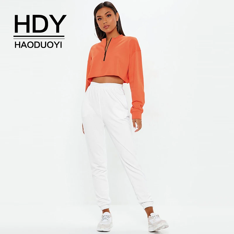 

HDY Haoduoyi Women Long Sleeve Loose Tops Crewneck Solid Casual Light Colour Midriff High Waist Pullover Sweatshirt With Zipper