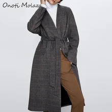 Onoti Molazo женское длинное пальто, куртки в клетку с поясом, свободные карманы, зимняя элегантная женская верхняя одежда, женская верхняя одежда, весна, Новинка
