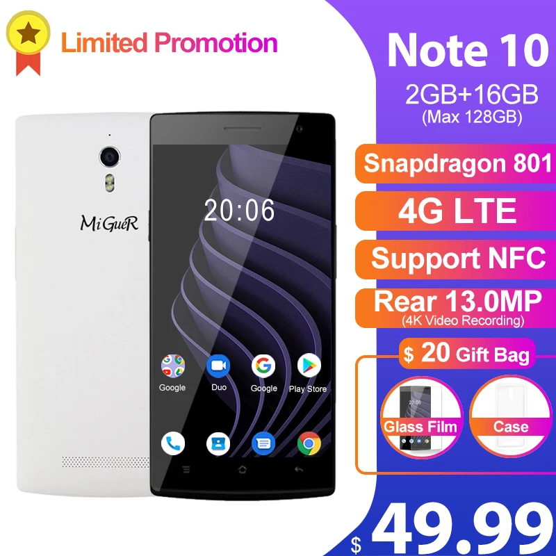 MiGueR Note 10 4G NFC Смартфон 5 ''HD 2GB ram 16GB rom Snapdragon 801 четырехъядерный 13MP + 5MP 2800mAh OTA OTG gps LTE