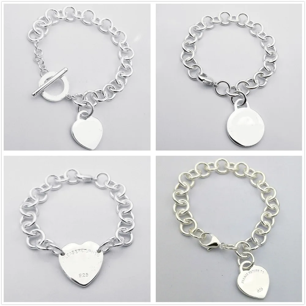 

1: 1 sterling silver 925 classic fashion silver heart-shaped charm ladies bracelet jewelry holiday gift