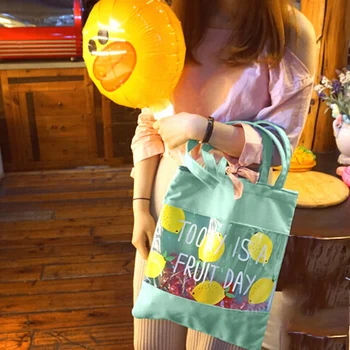

Girl's Shoulder Bag Fruit Pattern Female Canvas Shopping Bag Transparent Stitching Women Handbag Beach Bag