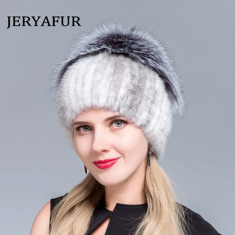 JINBAOSEN neue heiser verkauf эластичные pelz kappe Frauen pelzmutze für зимние echtem nerz skullies mit silber fuchs pelz pom poms