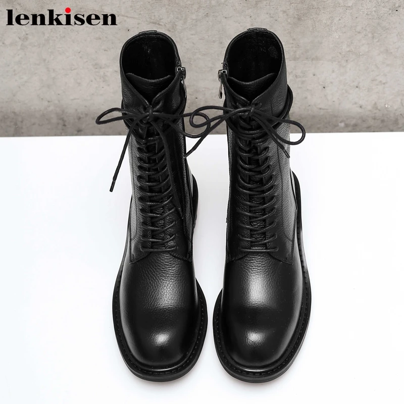 

Lenkisen genuine leather vintage leisure concise style round toe lace up med heels winter warm comfortable mid-calf boots L99