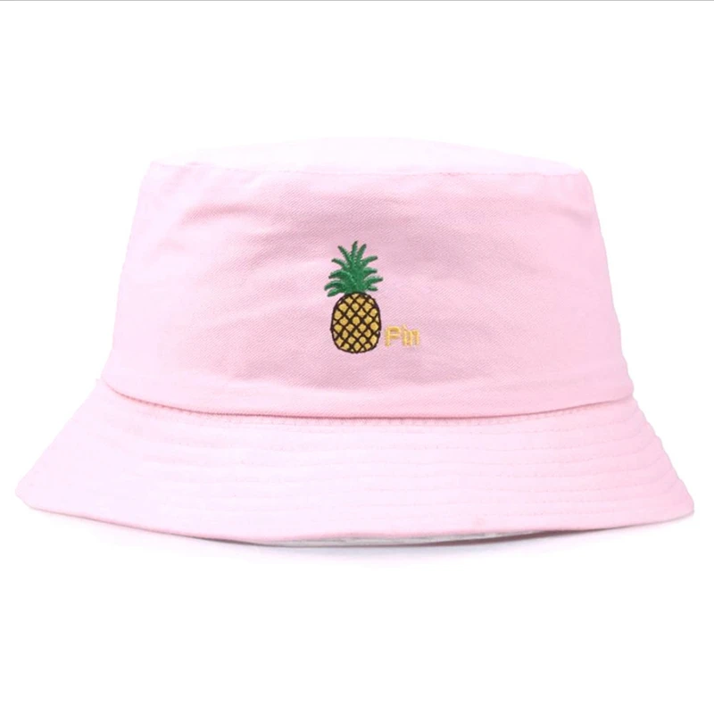 SMILE Bucket Hat Double Sided Bucket Hat Smiling face Unisex Fashion Bob Cap Hip Hop Gorro Men Summer Cap - Color: Pink Pineapple