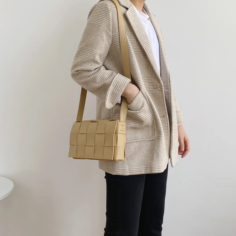 Новинка, зимние женские сумки, клетчатая тканая сумка, роскошная женская сумка на плечо из искусственной кожи, клетчатая вязанная брендовая дизайнерская сумка через плечо - Цвет: Абрикос