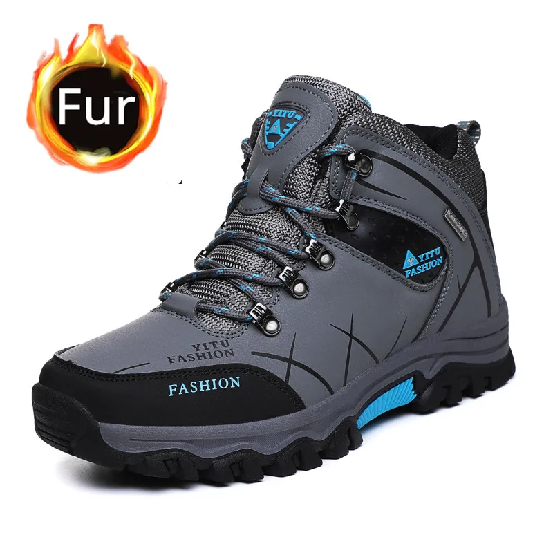 Брендовые мужские зимние ботинки; теплые супер мужские высококачественные водонепроницаемые кожаные кроссовки; мужские ботинки для походпоходов; Рабочая обувь; размеры 39-47 - Цвет: Gray Fur