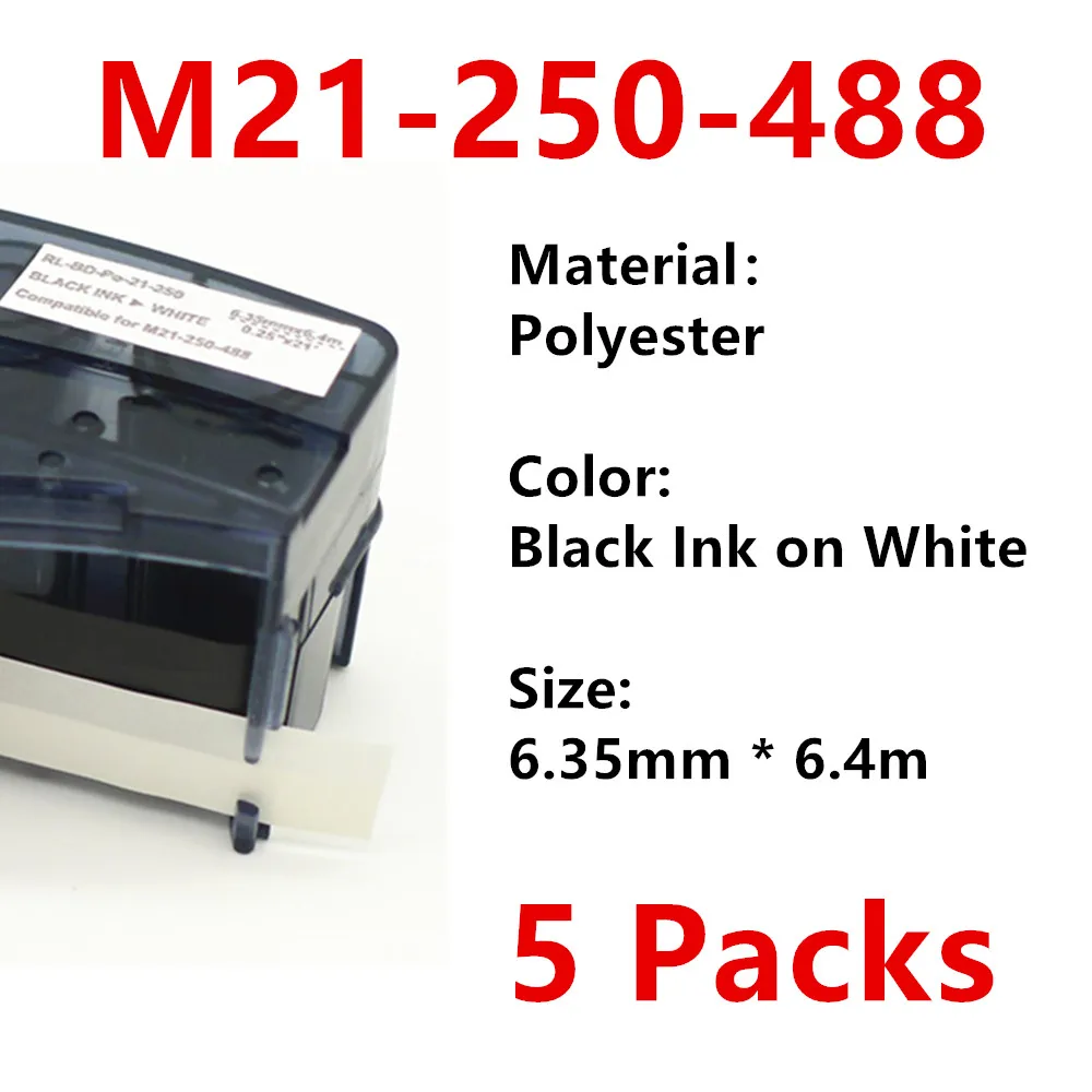 

5 Pack M21 250 488 Polyester Label Ribbon M21-250-488 For BMP21 PLUS Printer Black On White M21-250-488 6.35mm * 6.4m