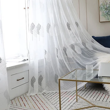 

White Embroidery Tulle Curtains Window Screen for Living Room Leaves Sheer Voile Curtains for Bedroom Kitchen Tulle Accessories