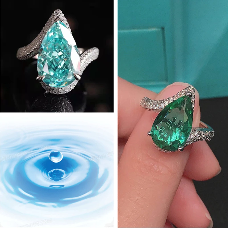 

Top Quality Sterling 925 Silver Ring For Lady Engagement Accessories Shiny Crystal Green Water Drop Ring Women Jewelry On Finger