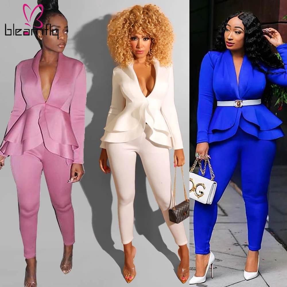 

Autumn Winter Solid Color Women Set Deep V-neck Long Sleeve Ruffles Sweatshirt Pencil Pants Suit Two Piece Set Elegant Tracksuit
