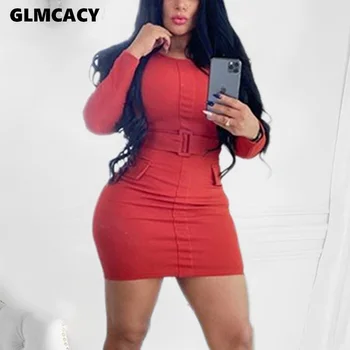 

Women Red Sexy Bodycon Mini Dress Long Sleeve O Neck Tight Fitted Short Dresses Party Night Club Vestidos Streetwear