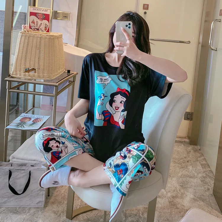 Women Pajamas Disney lady nightgowns Spring summer Cropped trousers white snow printing pajamas women short sleeve loose milk silk sleepwear