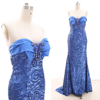 

MACloth Dark Blue Mermaid Strapless Floor-Length Long Crystal Tulle Prom Dresses Dress M 266836 Clearance