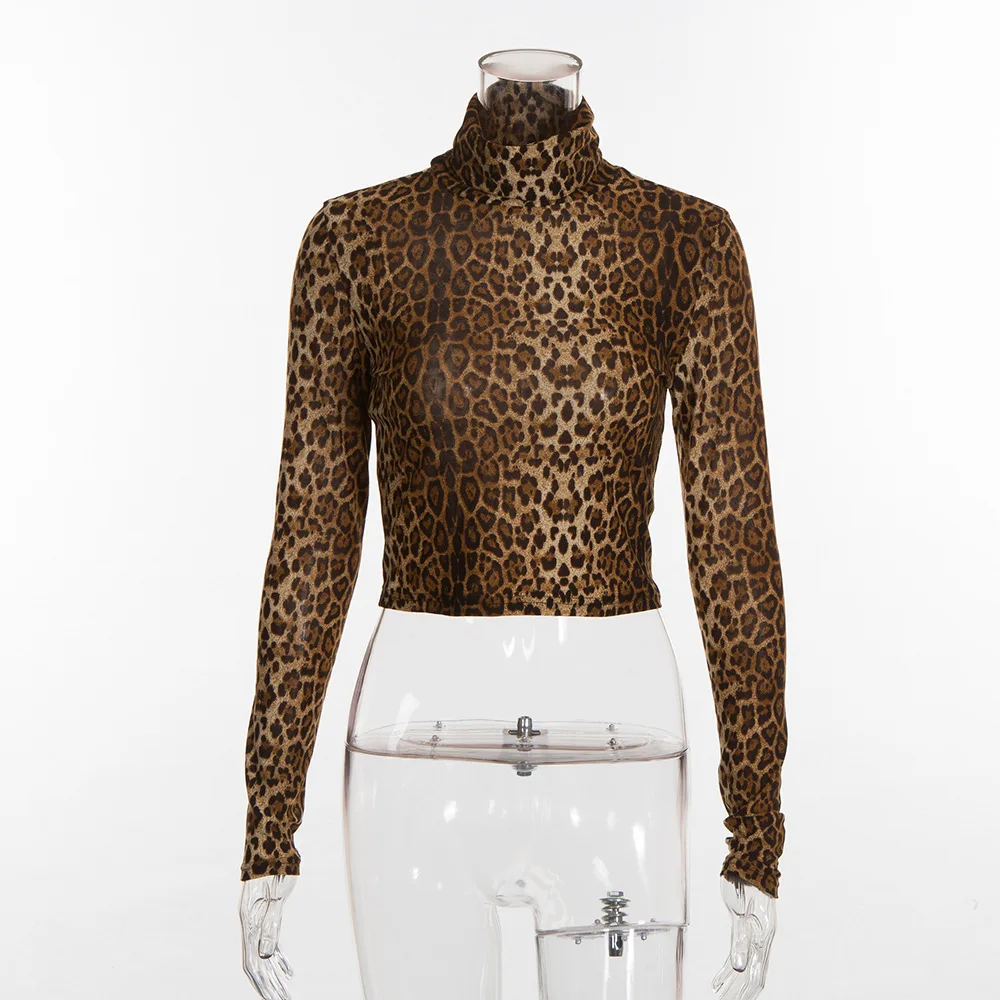 Женская уличная укороченная водолазка, клетчатая футболка с длинным рукавом в клетку, рубашка с открытым животом, Повседневная футболка, футболка WT2972J - Цвет: leopard